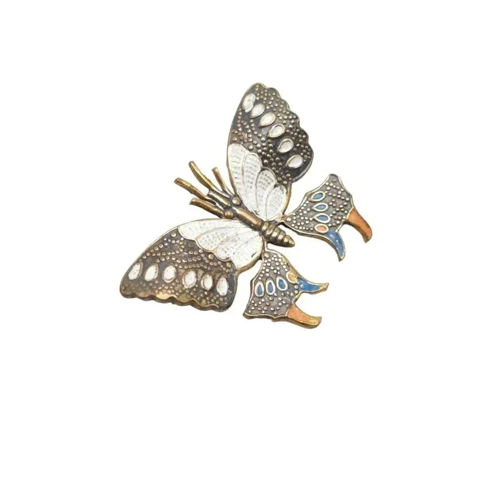 Spain Damascene Multicolor Enamel Textured Butterfly Brooch Pin Vintage